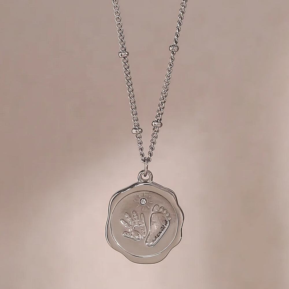 Silver Baby Hand Foot Print Zircon Pendant Necklace 18K Stainless Steel - Picture 3 of 7